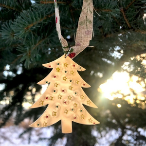 Handmade stamped gold tone brass tree holiday a Christmas ornament‎